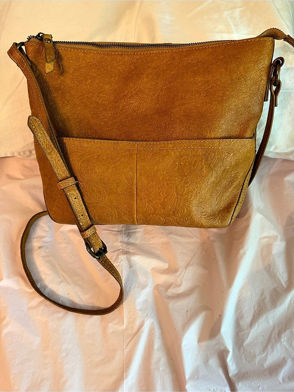 Steven Crossbody Bag Floral embossed genuine leather tan/Brown